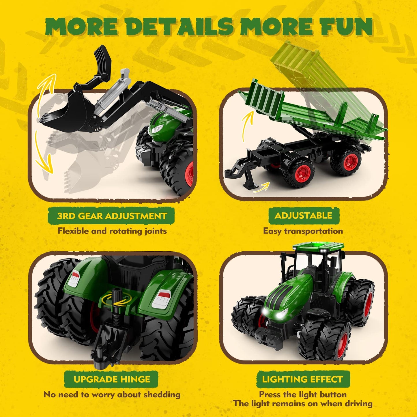 Uarzt Remote Control Tractor Toy, Kids RC Tractor Set & Truck and Trailer Front Loader - Metal Car Head/8 Wheel/Light, Toddlers Farm Vehicle Toys for 3 4 5 6 7 8 9 Year Old Boys Girls Birthday Gift
