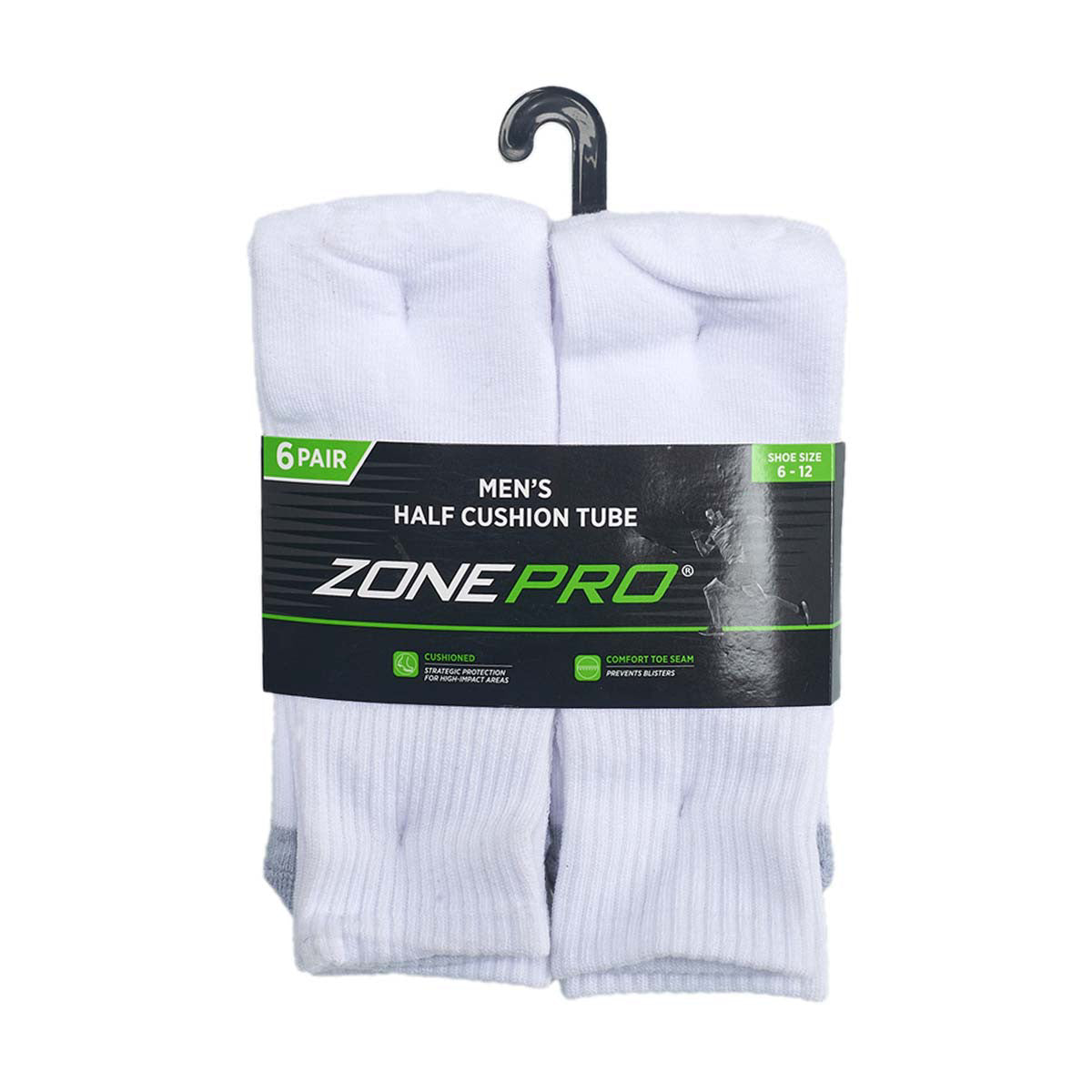 Zone Pro Men's Half Cushion Tube Socks, Shoe Size 6-12, White, 6 pk
