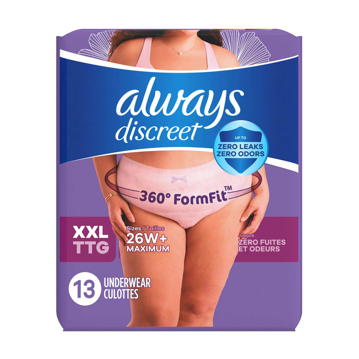 Always Discreet Adult Incontinence Underwear for Women and Postpartum Underwear, XXL, Up to 100% Bladder Leak Protection, 13 CT