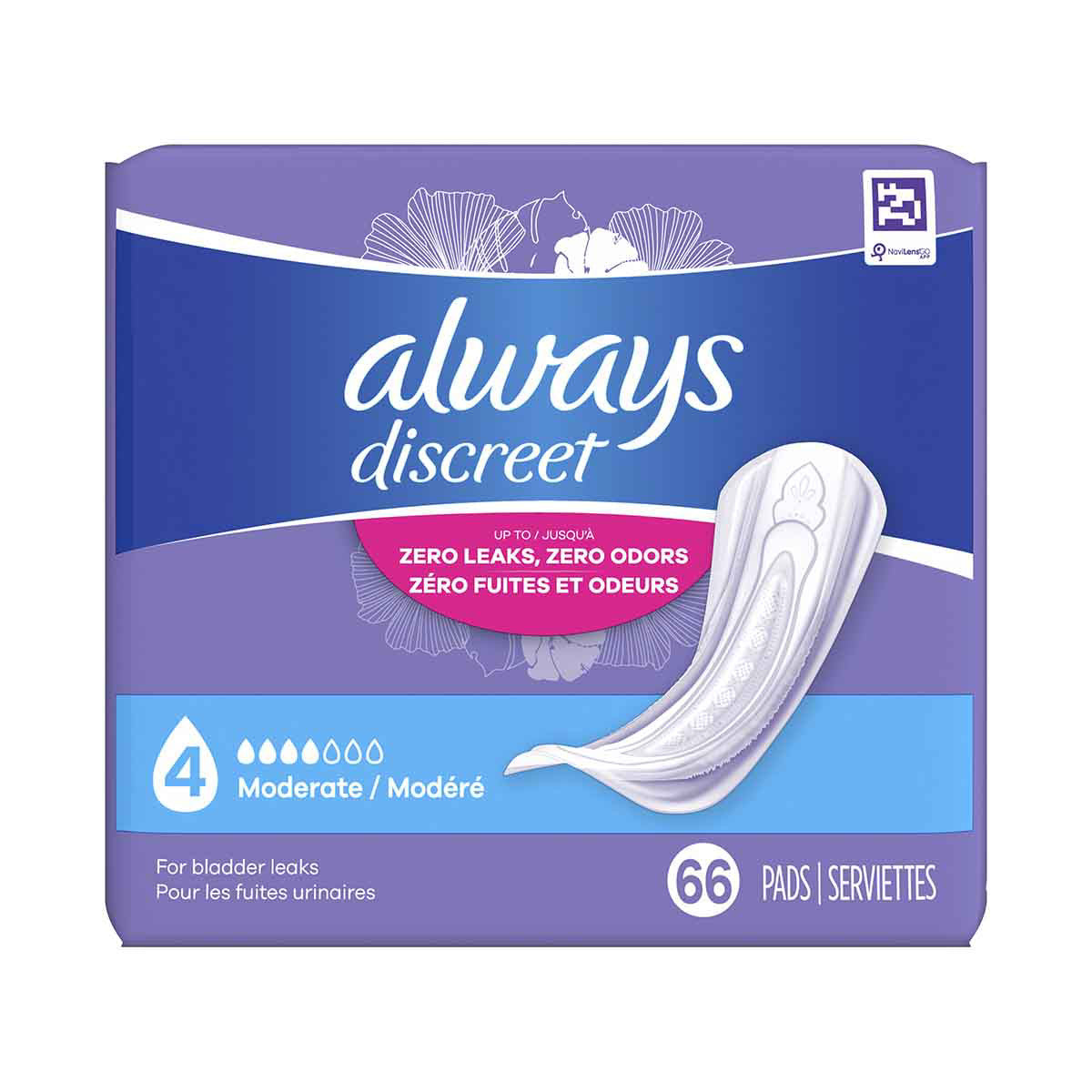 Always Discreet Adult Incontinence Pads for Women, Moderate Absorbency, Regular Length, Postpartum Pads, 66 CT