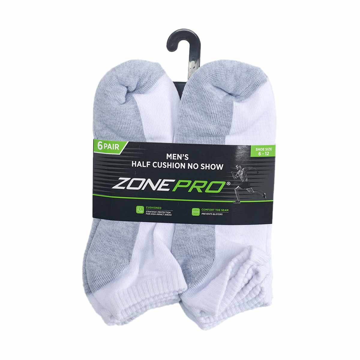 Zone Pro Men's Half Cushion No Show Socks, White, Shoe Size 6 - 12, 6 pk