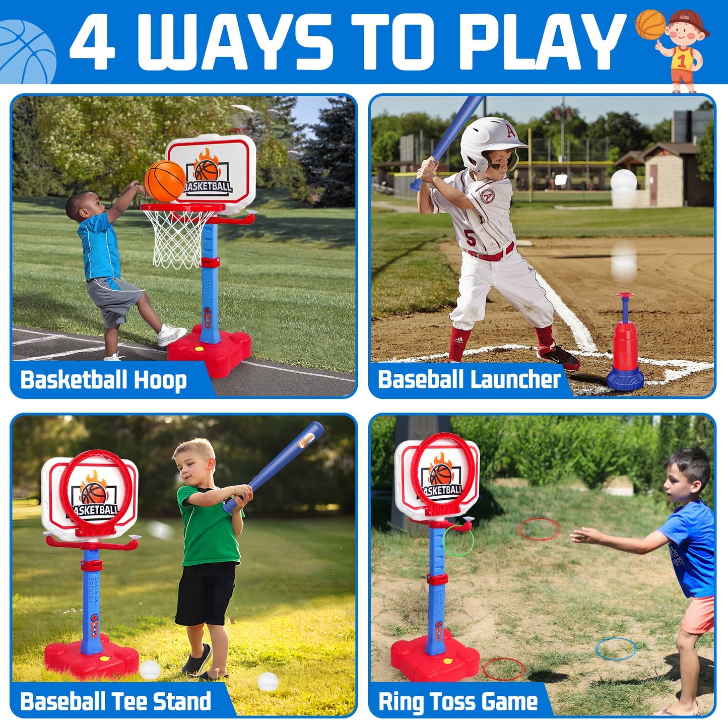 Tsomtto 4 in 1 Toddler Basketball Hoop & T Ball Set, Kids Toys Boys 3-5, Adjustable Kids Basketball Hoop for Indoor Outdoor Play Sports Outside Toys for Toddler 1-3 Boys Girls Easter Birthday Gifts