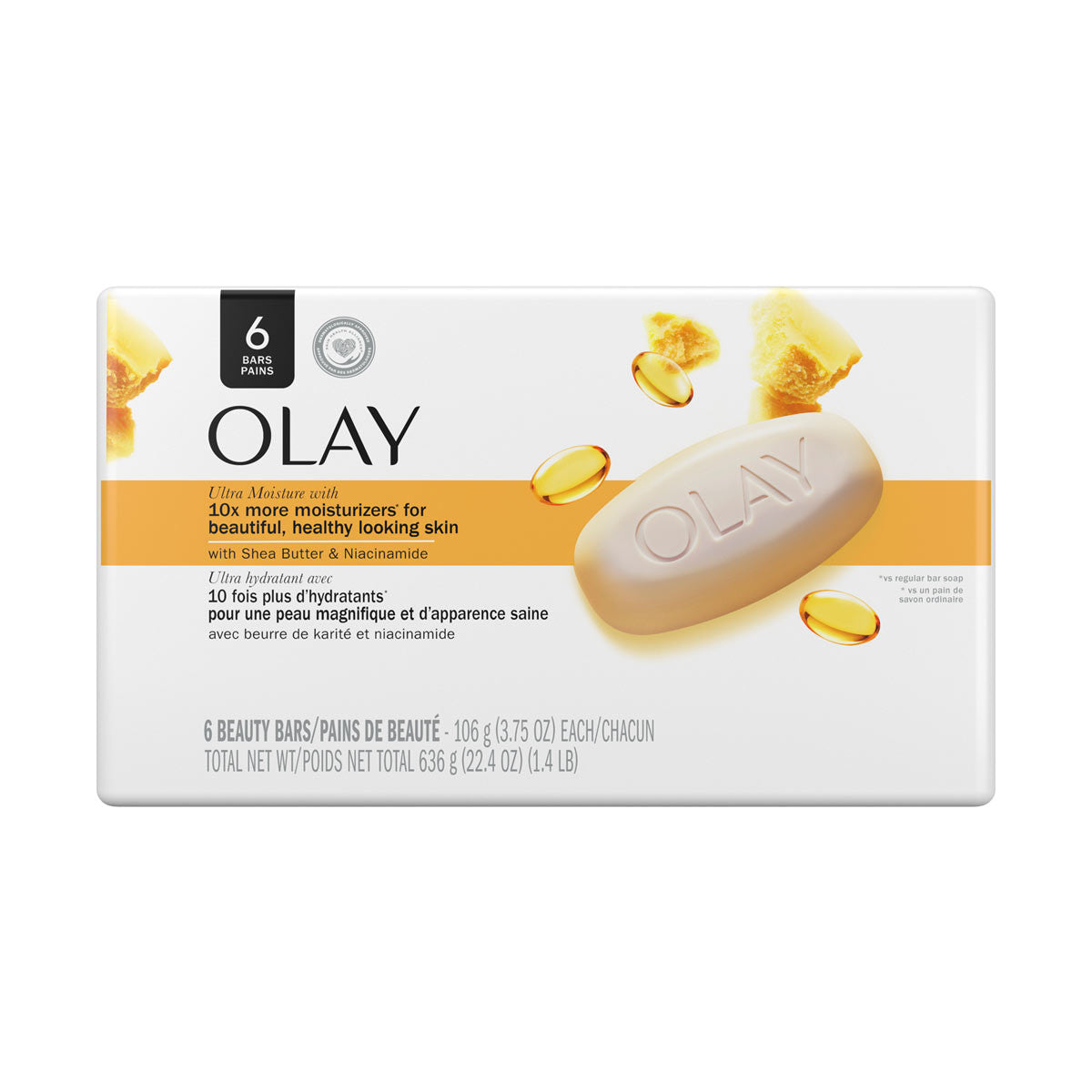 Olay Ultra Moisture Beauty Bar Soap with Shea Butter & Niacinamide, 3.75 oz Bars, 6 ct