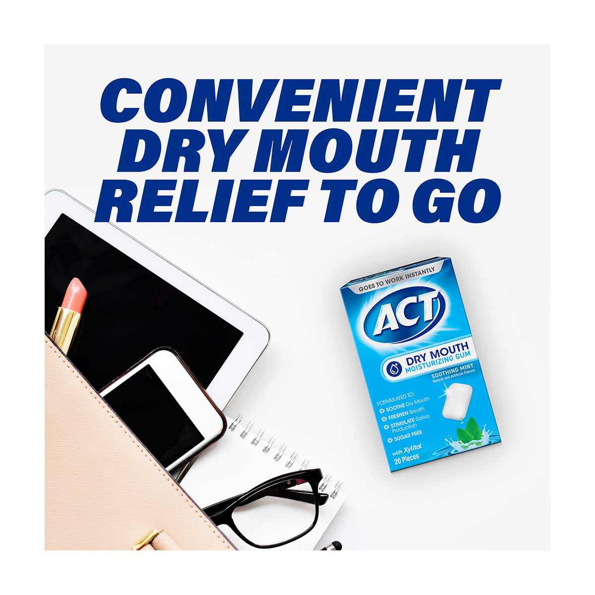 ACT Dry Mouth Moisturizing Gum With Xylitol, Soothing Mint, 20 ct.
