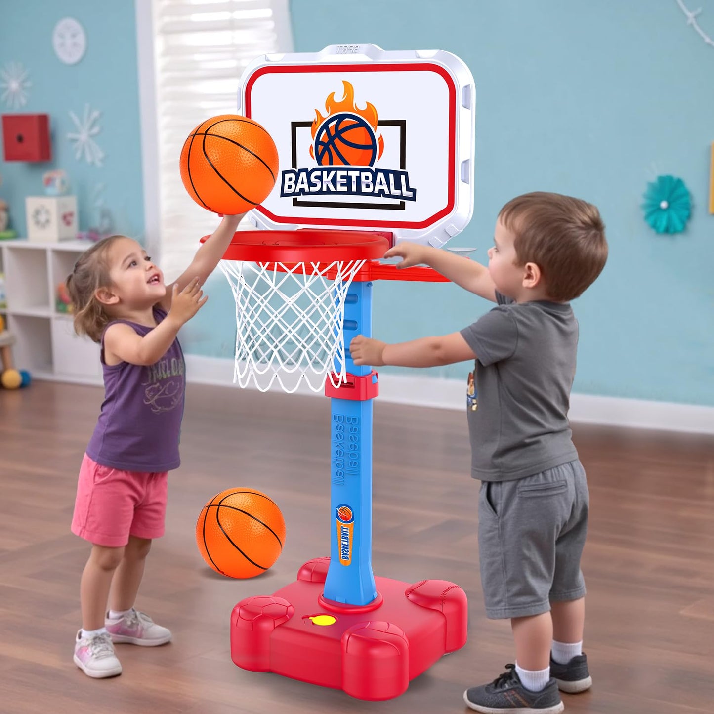 Tsomtto 4 in 1 Toddler Basketball Hoop & T Ball Set, Kids Toys Boys 3-5, Adjustable Kids Basketball Hoop for Indoor Outdoor Play Sports Outside Toys for Toddler 1-3 Boys Girls Easter Birthday Gifts