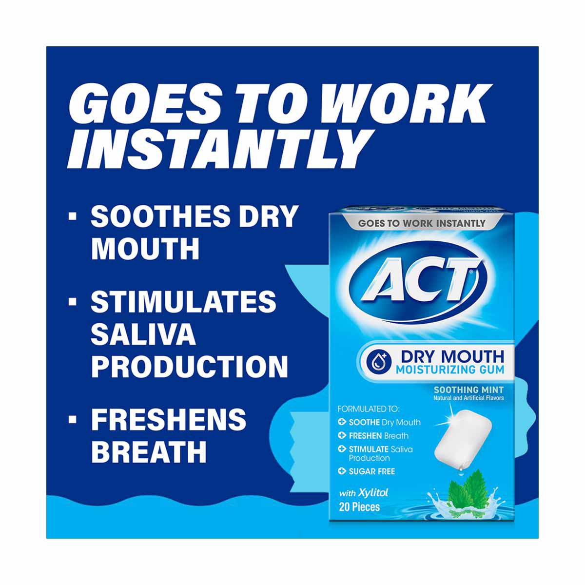 ACT Dry Mouth Moisturizing Gum With Xylitol, Soothing Mint, 20 ct.