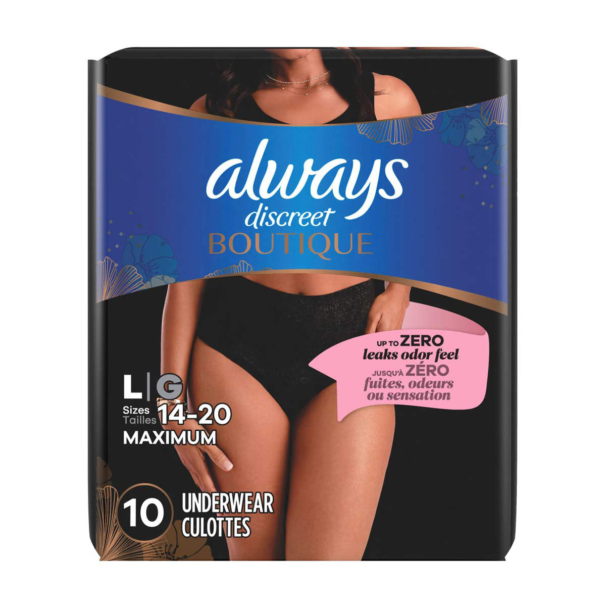 Always Discreet Boutique Incontinence and Postpartum Underwear for Women, Maximum Protection, L, Black, 10 Count
