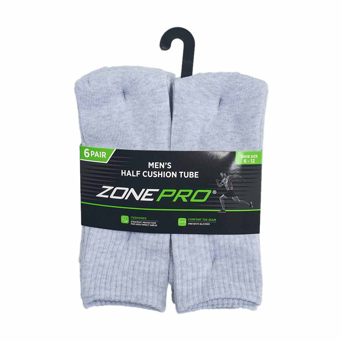 Zone Pro Men's Half Cushion Tube Socks, Shoe Size 6-12, Gray, 6 pk