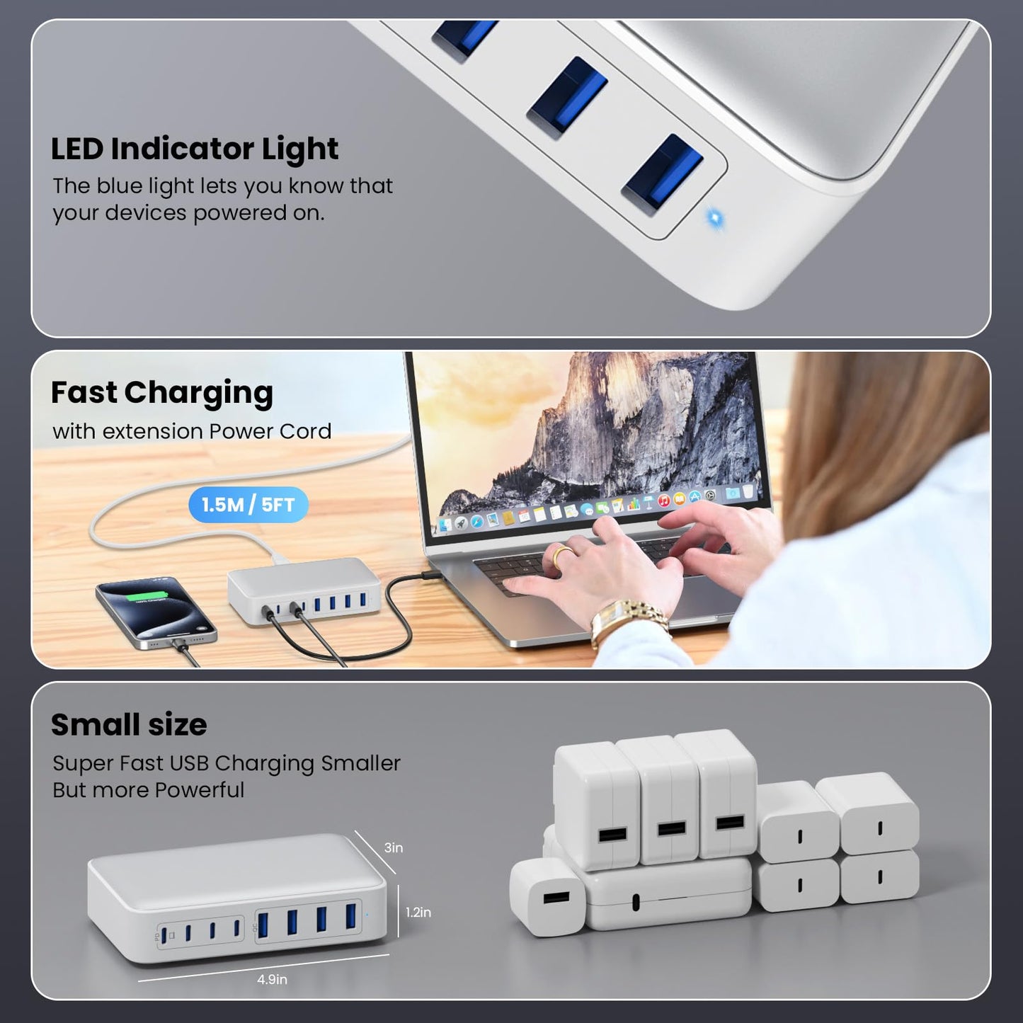 USB C Charger 200W USB C Charger Block,Upgraded GaN III 8-Port Fast Charging Station Hub,PD 65W Laptop Charging Adapter Compatible with MacBook Pro/Air,DELL,Steam Deck,iPhone 16/15/14,Galaxy S23/22