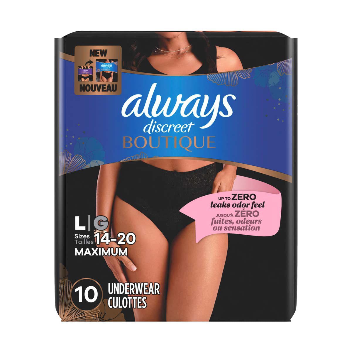 Always Discreet Boutique Incontinence and Postpartum Underwear for Women, Maximum Protection, L, Black, 10 Count