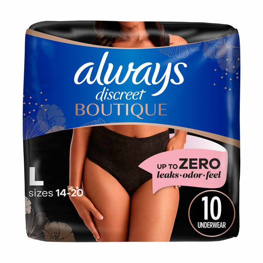 Always Discreet Boutique Incontinence and Postpartum Underwear for Women, Maximum Protection, L, Black, 10 Count