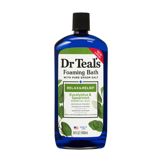 Dr Teal's Foaming Bath with Pure Epsom Salt, Relax & Relief with Eucalyptus & Spearmint, 34 fl oz