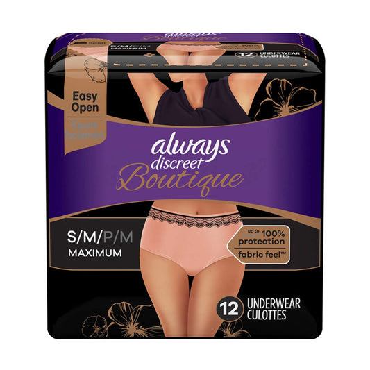 Always Discreet Boutique Low-Rise Incontinence Underwear Size S/M Maximum Absorbency, Up to 100% Leak Protection, Black, 12 Count