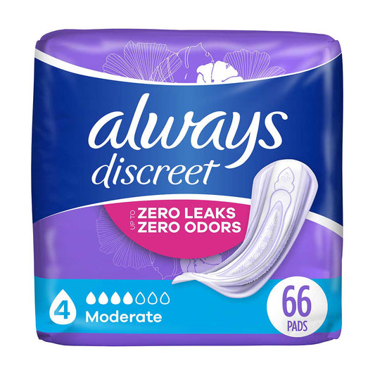 Always Discreet Adult Incontinence Pads for Women, Moderate Absorbency, Regular Length, Postpartum Pads, 66 CT