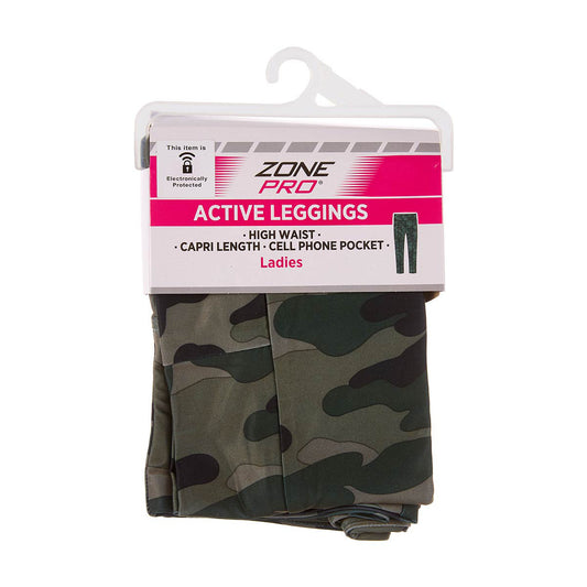 Zone Pro Ladies Active Leggings, Capri Length, Camo, Size L