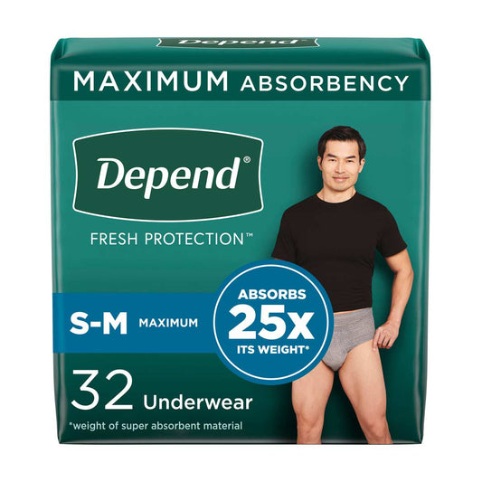 Depend Fresh Protection Adult Incontinence Underwear for Men, Disposable, Maximum, Small/Medium, Grey, 32 ct