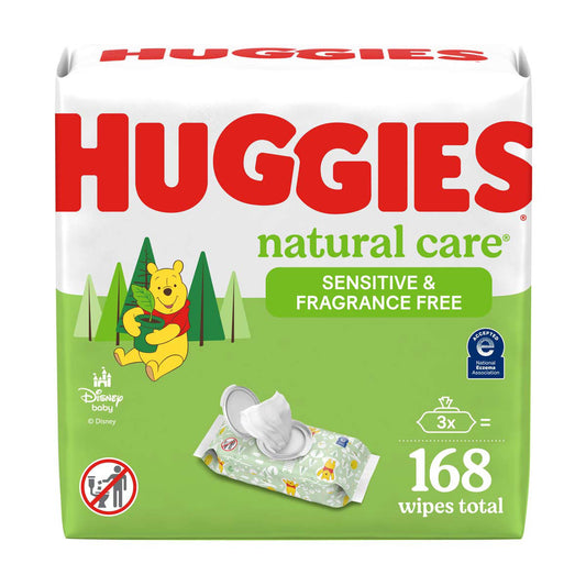 Huggies Natural Care Sensitive Baby Wipes, Unscented, 3 Flip-Top Packs (168 Wipes Total) (Select for More)