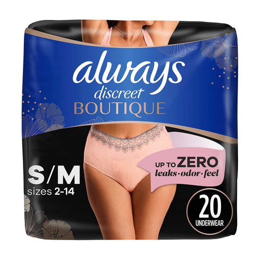 Always Discreet Boutique Incontinence and Postpartum Underwear for Women, Maximum Protection, S/M, Rosy, 20 Count