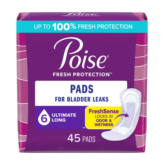Poise Incontinence Pads & Postpartum Incontinence Pads, 6 Drop Ultimate Absorbency, Long Length, 45 Count