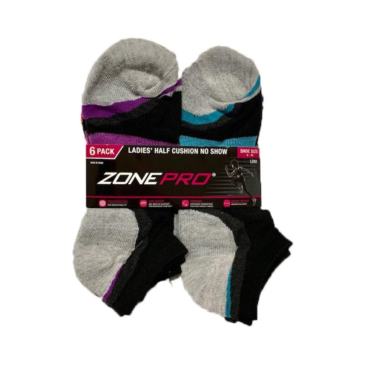 Zone Pro Ladies Half Cushion No Show, 6 Pack