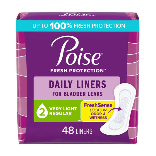 Poise Daily Liners, Incontinence Panty Liners, 2 Drop Very Absorbency, Regular Length, 48 Count of Pantiliners