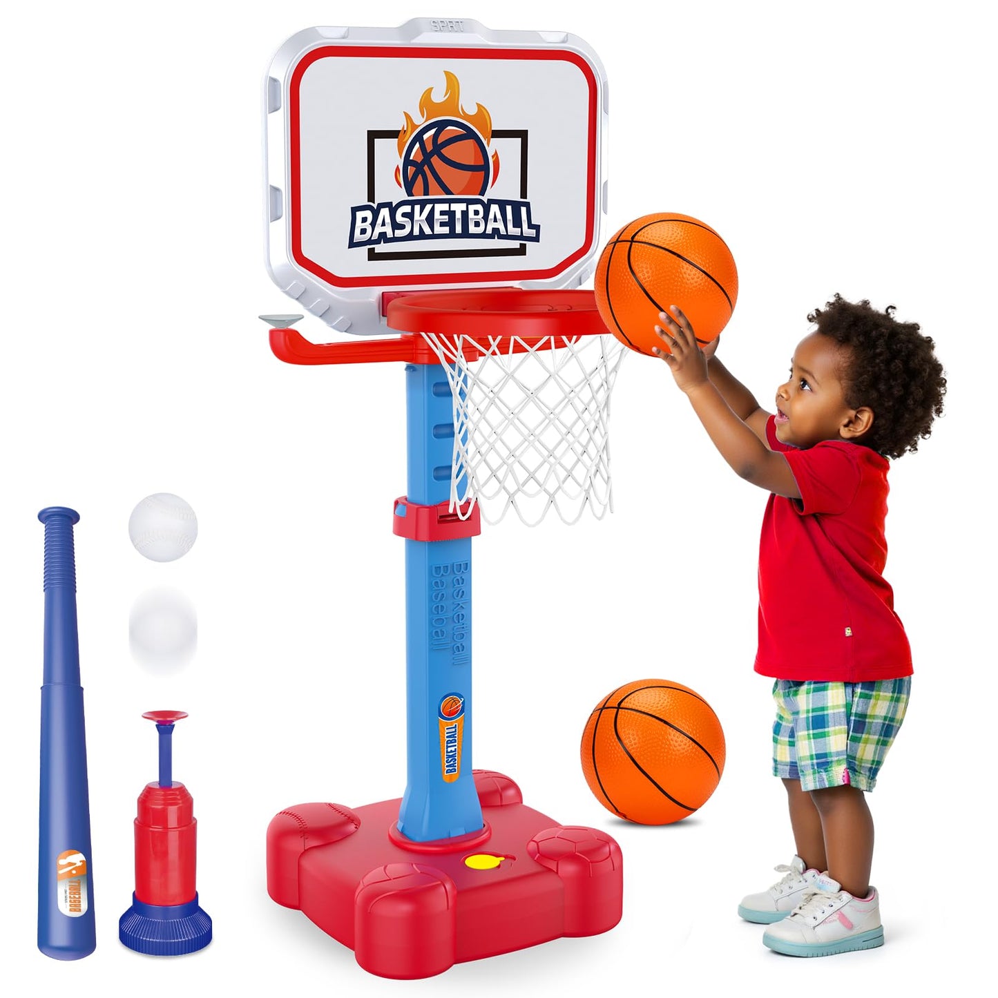 Tsomtto 4 in 1 Toddler Basketball Hoop & T Ball Set, Kids Toys Boys 3-5, Adjustable Kids Basketball Hoop for Indoor Outdoor Play Sports Outside Toys for Toddler 1-3 Boys Girls Easter Birthday Gifts