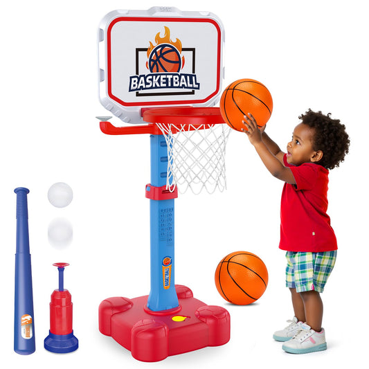 Tsomtto 4 in 1 Toddler Basketball Hoop & T Ball Set, Kids Toys Boys 3-5, Adjustable Kids Basketball Hoop for Indoor Outdoor Play Sports Outside Toys for Toddler 1-3 Boys Girls Easter Birthday Gifts