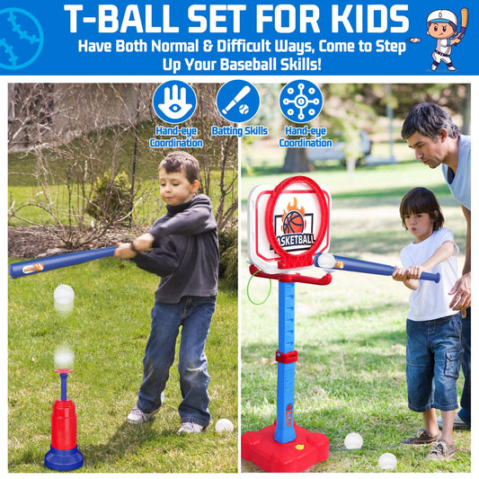 Tsomtto 4 in 1 Toddler Basketball Hoop & T Ball Set, Kids Toys Boys 3-5, Adjustable Kids Basketball Hoop for Indoor Outdoor Play Sports Outside Toys for Toddler 1-3 Boys Girls Easter Birthday Gifts