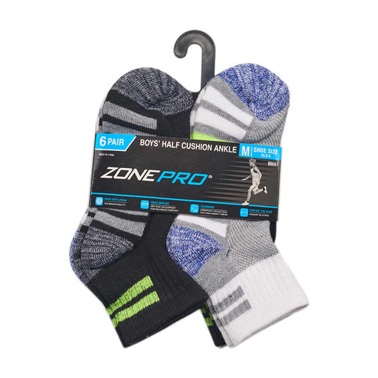 Zone Pro Boys' Half Cushion Ankle Socks - Medium, 6 ct