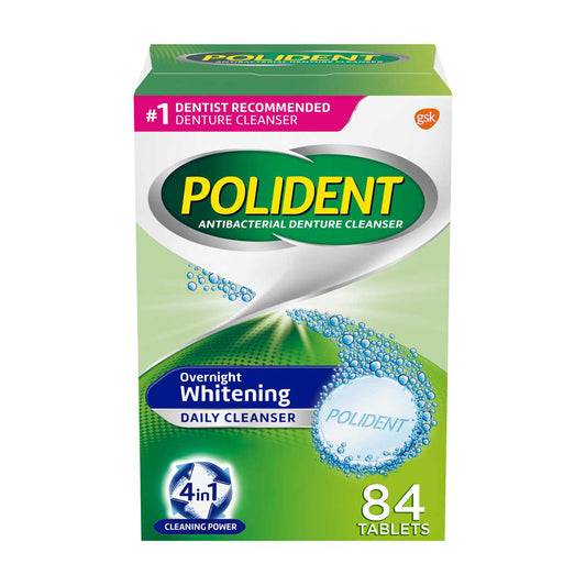 Polident Overnight Whitening Antibacterial Denture Cleanser Effervescent Tablets, 84 ct