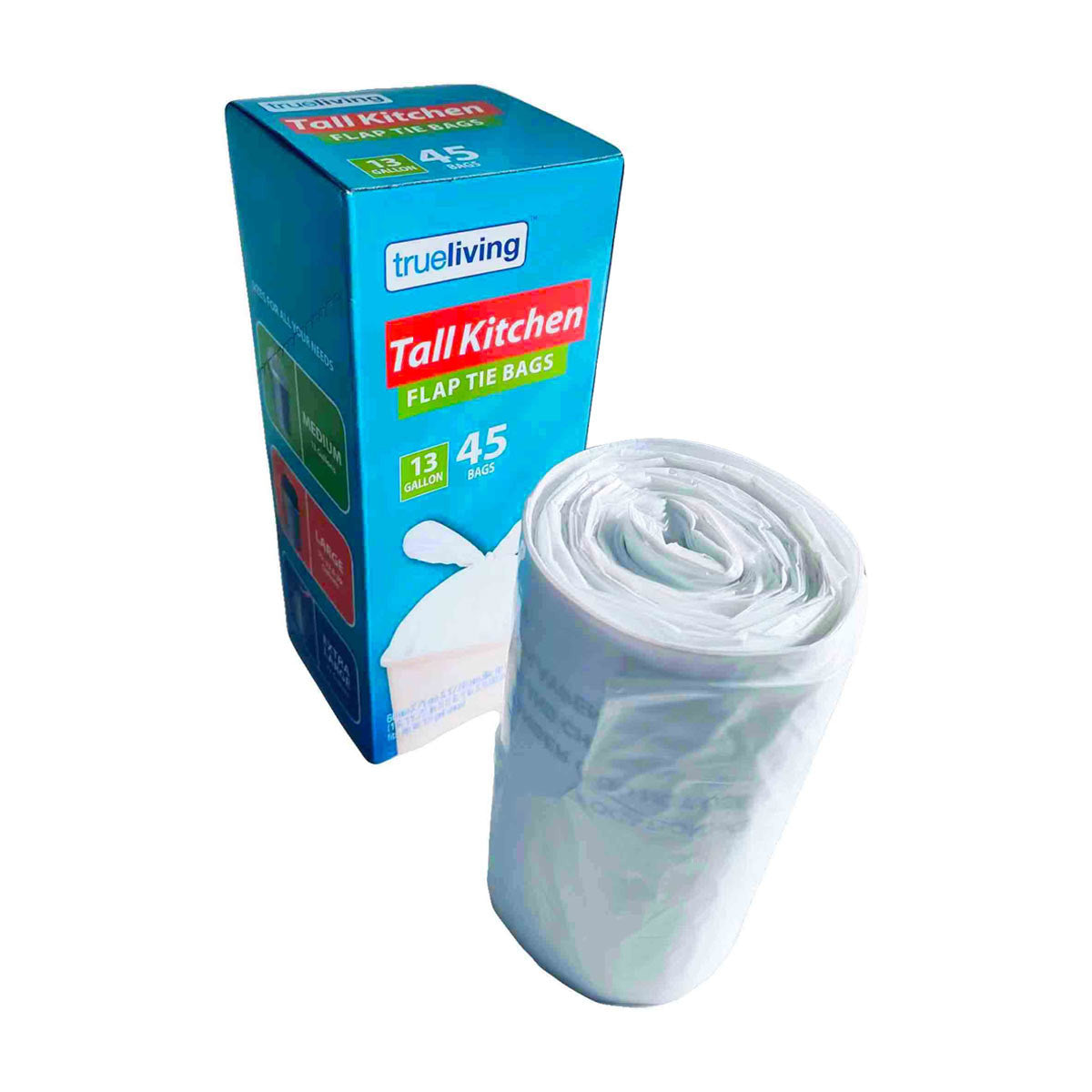 TrueLiving, Tall Kitchen Flap Tie Bags, 13 Gallon, 45 ct
