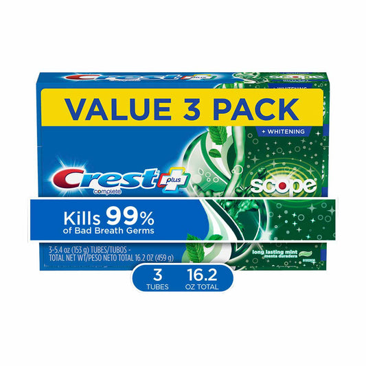 Crest + Scope Outlast Complete Whitening Toothpaste, Mint, 5.4 oz, Pack of 3