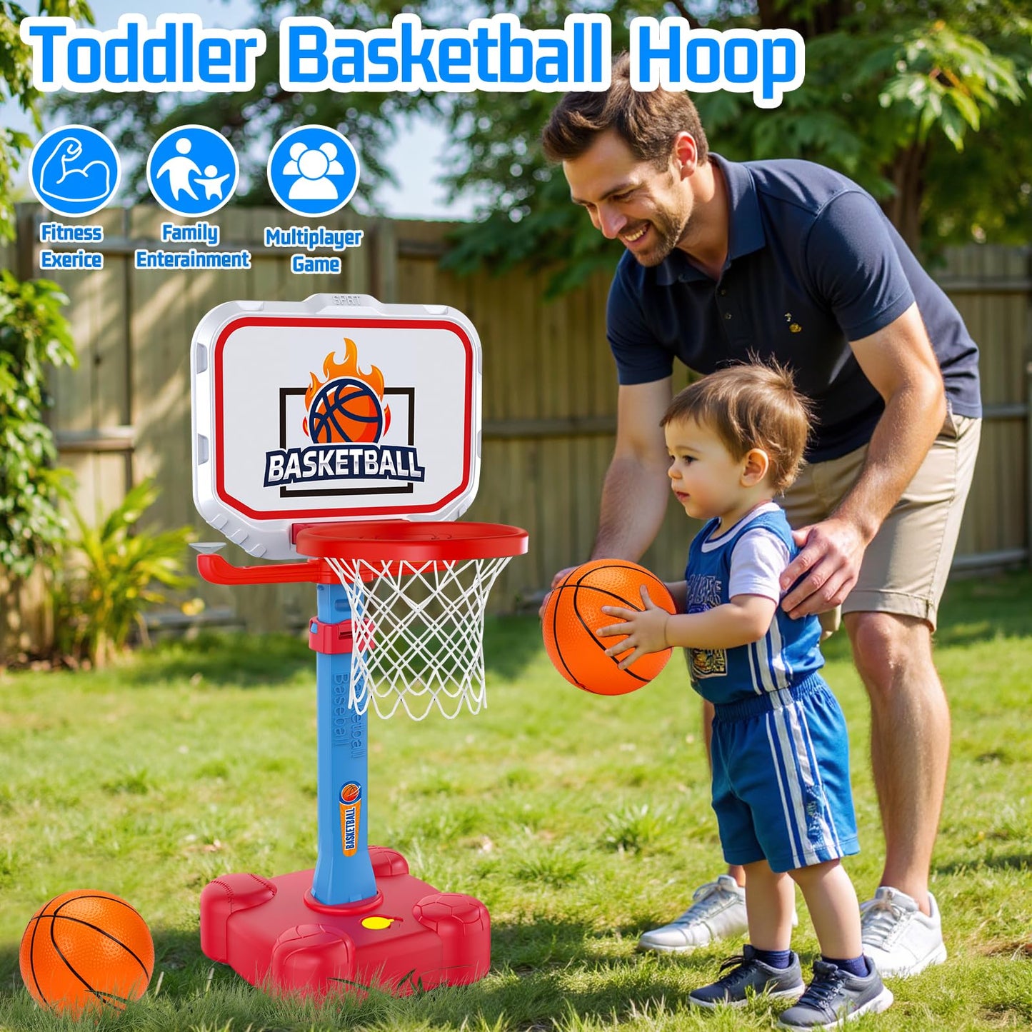 Tsomtto 4 in 1 Toddler Basketball Hoop & T Ball Set, Kids Toys Boys 3-5, Adjustable Kids Basketball Hoop for Indoor Outdoor Play Sports Outside Toys for Toddler 1-3 Boys Girls Easter Birthday Gifts